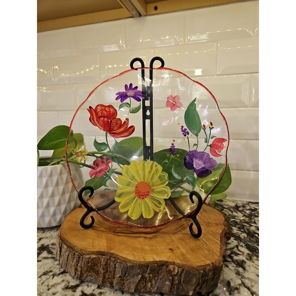 BEAUTIFUL Clear Glass Painted Floral Set Of 7!  2 Dinner Plates, 4 Salad, 1 Bowl